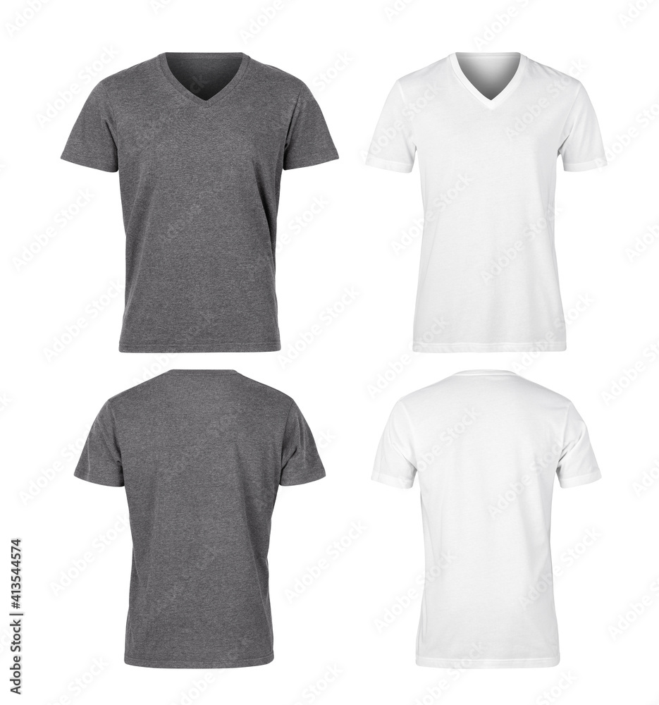 Set of Grey unisex t shirt front and back mockup isolated on white background with clipping path. Set of Grey unisex t shirt front and back mockup isolated on white background with clipping path.