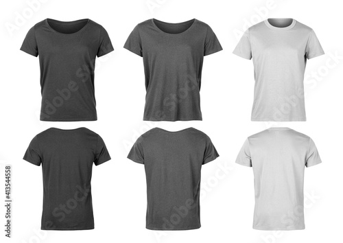 Set of Grey unisex t shirt front and back mockup isolated on white background with clipping path.