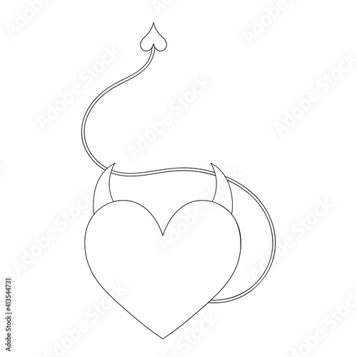 Heart with horns and a tail. Sketch. Devils heart. Vector illustration. A symbol of love in a devilish guise. Isolated white background. Coloring book for children. Valentines Day. Seductive tempter. 