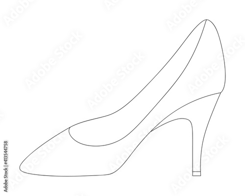 Shoe. Sketch. Womens shoes with heels. Vector illustration. Outline on an isolated background. Coloring book for children. Valentines Day, wedding. Ladies accessory. Lost shoe. Doodle style.