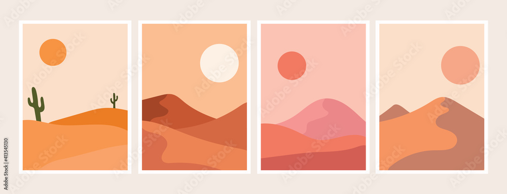 Minimalist natural contemporary aesthetic background with landscape desert cactus and sun. with nice colors, minimalist art design ready to print