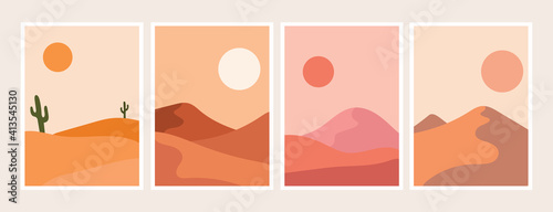 Minimalist natural contemporary aesthetic background with landscape desert cactus and sun. with nice colors, minimalist art design ready to print
