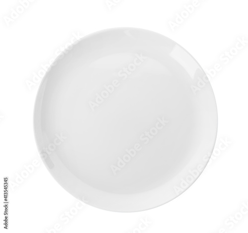 New white ceramic plate isolated on white, top view