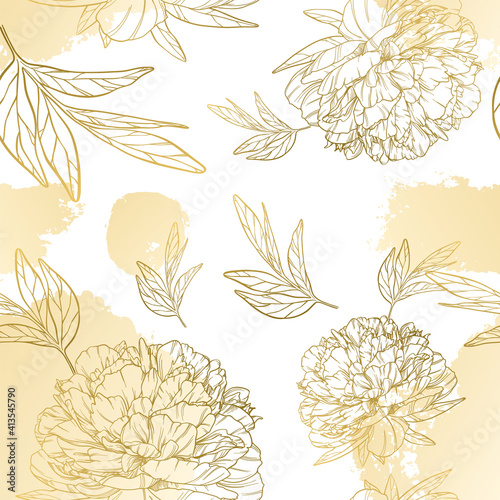 Vector vintage seamless pattern with gold ink blots and outline peonies on a white background. Artwork for the design of wedding invitations. Linear image of leaves and large buds of flowers.