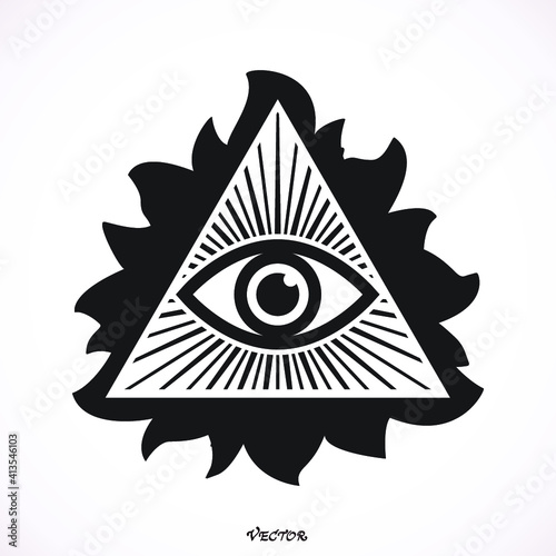Eye of Providence. Masonic symbol. All seeing eye inside triangle pyramid. New World Order. Hand-drawn alchemy, religion, spirituality, occultism. Isolated vector illustration. Conspiracy theory.
