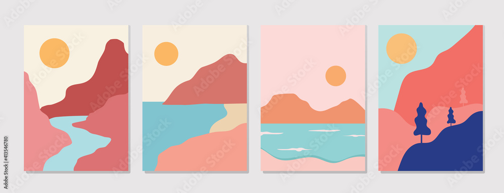 Minimalist design. mountains and sea illustration. Abstract geometric landscape with minimalist shapes and beautiful colors. Vector geometry. poster, post card, digital wall art ready to print