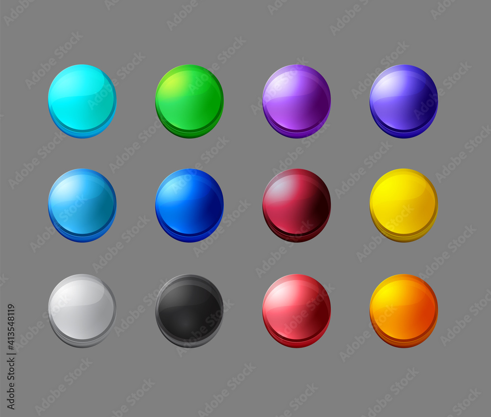 set of colorful transparent buttons with glass frames music player isolated on grey background set of colorful transparent buttons with glass frames music player isolated on grey background