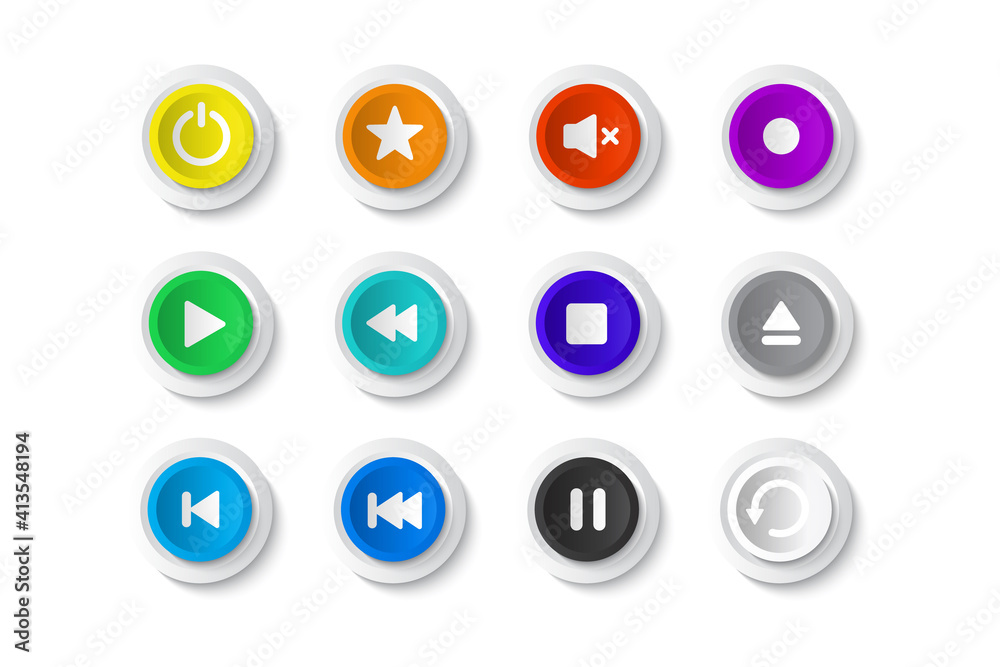 set of colorful transparent buttons with glass frames music player isolated on grey background set of colorful transparent buttons with glass frames music player isolated on grey background