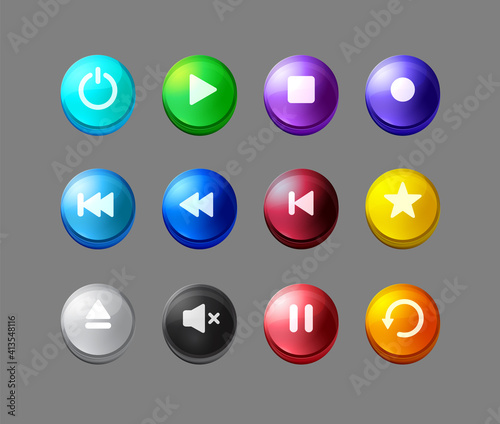 set of colorful transparent buttons with glass frames music player isolated on grey background