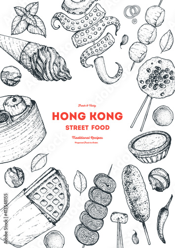 Hong kong street food frame. Chinese food menu design template. Vintage hand drawn sketch, vector illustration. Engraved style illustration. Asian street food sketch.