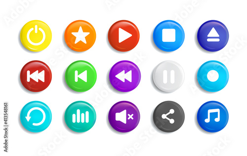 set of colorful transparent buttons with glass frames music player isolated on grey background