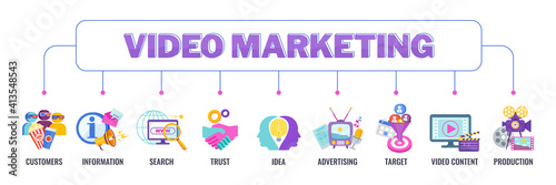 Video marketing banner with icons. Digital marketing.