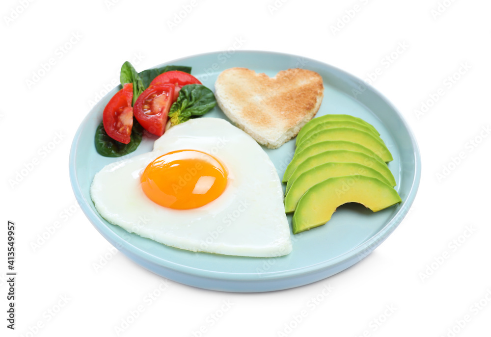 Fototapeta premium Romantic breakfast with fried heart shaped egg, avocado and toast isolated on white. Valentine's day celebration