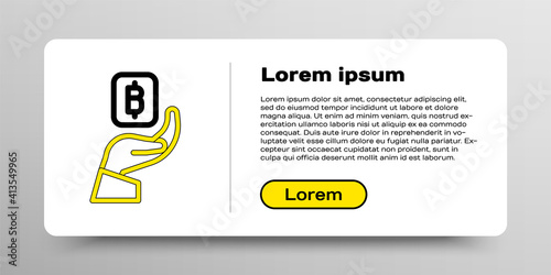 Line Hand holding Bitcoin icon isolated on white background. Blockchain technology, digital money market, cryptocoin wallet. Colorful outline concept. Vector.