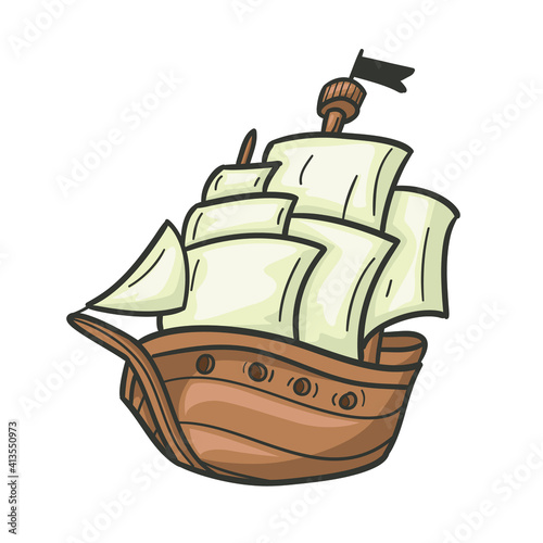 Pirate Boat Doodle Illustration Icon. Vector Design Old Cruise Nautical Adventure Art.