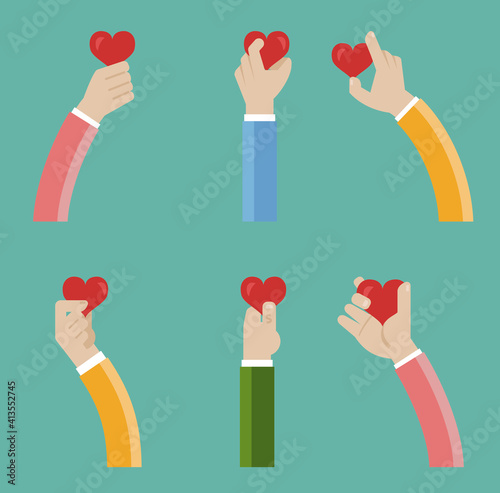 Charity infographics with 6 charitable purposes as options and illustration concept of hands holding heart, vector.