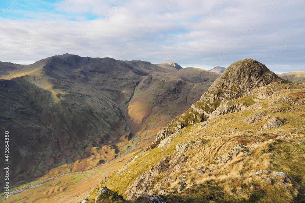 View across to the summit of Pike of Stickle from Loft Crag, Langdale Pikes, Lake District, UK View across to the summit of Pike of Stickle from Loft Crag, Langdale Pikes, Lake District, UK