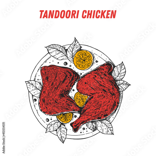 Tandoori chicken, Indian food. Hand drawn vector illustration. Sketch style. Top view. Vintage vector illustration.