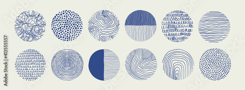 Big Set of round Abstract blue Backgrounds or Patterns. Hand drawn doodle shapes. Spots, drops, curves, Lines. Contemporary modern trendy Vector illustration. Poster, Social media Icons template