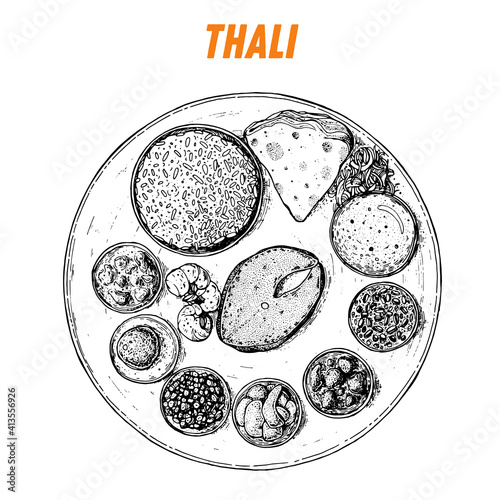Indian thali sketch, Indian food. Hand drawn vector illustration. Sketch style. Top view. Vintage vector illustration.