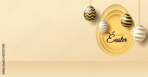 Happy easter theme product display podium. Golden easter egg on light gold background. Vector. illustration.