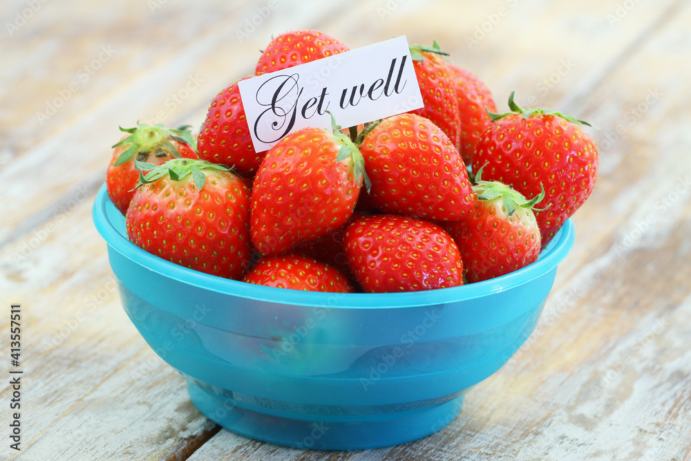 Get well card with sweet strawberries in blue bowl