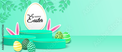 Happy easter theme product display podium. Colorful easter egg and bunny ears on mint green background. Vector. illustration.