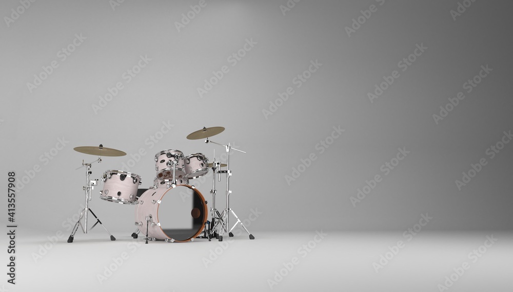Modern drumset. Drums and cymbals construction on white studio