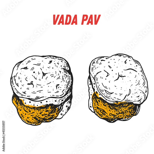 Vada Pav sketch, Indian food. Hand drawn vector illustration. Sketch style. Top view. Vintage vector illustration.
