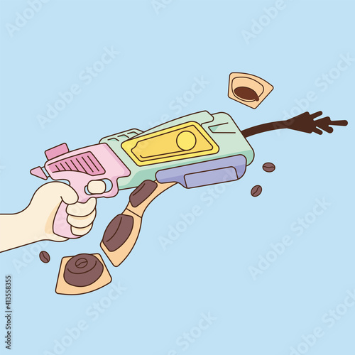 Capsule coffee vector. Coffee machine gun illustration. Coffee machine funny creative illustration