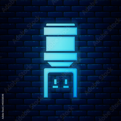 Glowing neon Water cooler for office and home icon isolated on brick wall background. Water dispenser. Bottle office, plastic and liquid. Vector.