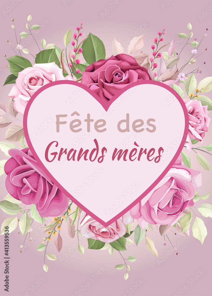 carte ou bandeau sur la Fête des grands-Mères en rose dans un coeur rose sur un fond d'un bouquet de fleurs rose clair et foncé
