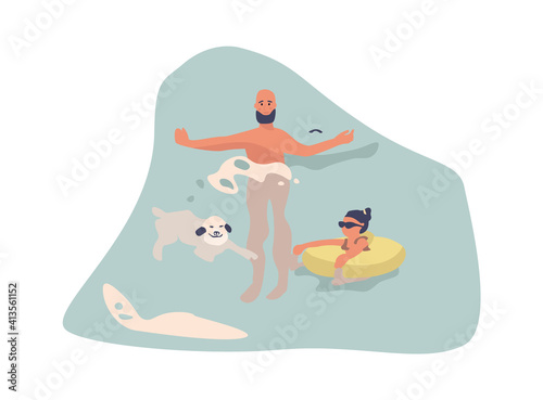 People at beach. Cartoon man with dog in water. Cute girl swimming on inflatable ring. Holiday outdoor activities, summer vacation by sea. Tourism and leisure pleasure. Vector minimalist illustration