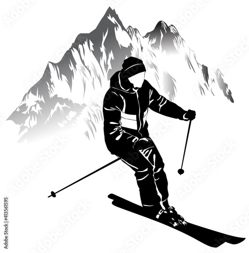 Black and white image of a skier on a background of mountains