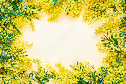 Spring flowers background. Mimosa flowers frame with copy space . Easter, Women's day concept. Top view, flat lay