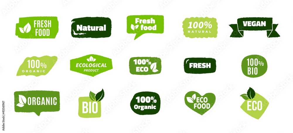 Organic food banners. Trendy ecology concept, eco and bio tags design for natural products. Green simple hand drawn labels collection, vector vegan icons isolated flat cartoon bright colorful stickers Organic food banners. Trendy ecology concept, eco and bio tags design for natural products. Green simple hand drawn labels collection, vector vegan icons isolated flat cartoon bright colorful stickers