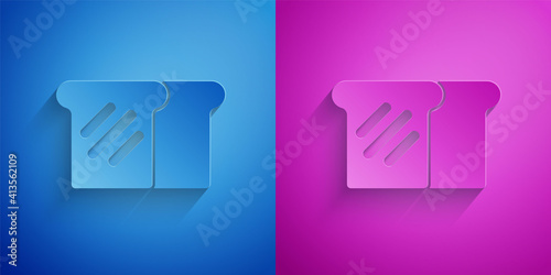 Paper cut Bread toast for sandwich piece of roasted crouton icon isolated on blue and purple background. Lunch, dinner, breakfast snack. Paper art style. Vector.