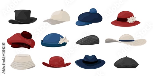 Cartoon hats. Fashion caps collection of vintage men and women head wearing, classic ladies and gentlemen headgear. Summer and autumn accessory vector isolated hat, cap and panama natural colors set