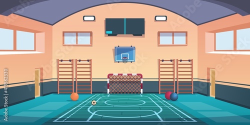 Cartoon school court. Gym with basketball basket and football goal or gymnastic equipment. Comfortable playground for playing active games and training. Vector gymnasium sport hall for kids workout