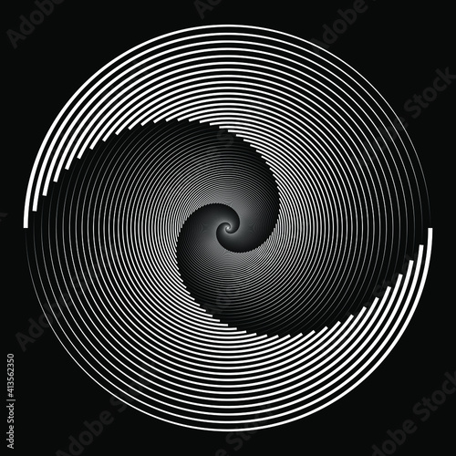 Abstract white vortex shape. Vector illustration. Design element for technology round logo, striped border frame, blackout tattoo, prints, monochrome pattern and abstract background
