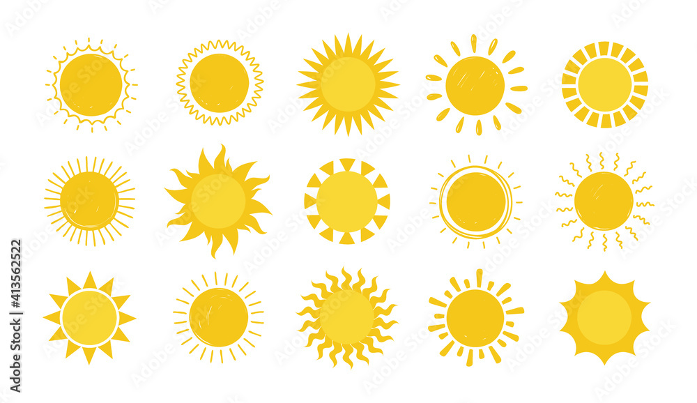 Doodle Sun. Hand drawn simple graphic circle solar elements collection, sunshine round symbols. Yellow silhouette for design and logo, vector sunny weather symbol isolated on white background set - obrazy, fototapety, plakaty 