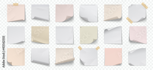 Paper note. Realistic pinned notepad pages for writing memos. Reminders glued on adhesive tapes. Blank sheets with folded edges and copy space. Vector isolated stickers set on transparent background