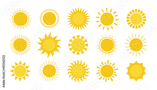 Doodle Sun. Hand drawn simple graphic circle solar elements collection, sunshine round symbols. Yellow silhouette for design and logo, vector sunny weather symbol isolated on white background set