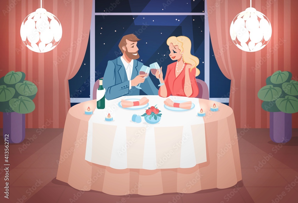 Restaurant date. Romantic cartoon couple have dinner with candle lights.  Cheerful man and woman sitting at served table and drinking wine in  evening. Room interior, vector scene of meeting in cafe Stock