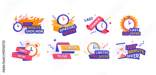Time banners. Limited promo badges. Countdown of week or days and hours until end of special offer. Last chance to take part. Memphis style stickers with minimal elements and lettering, vector set