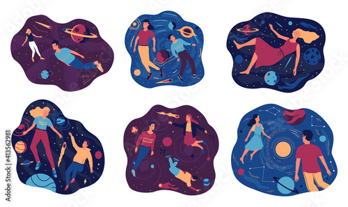 People in cosmos. Cartoon persons flying in outer space without spacecraft. Young men and women floating in universe. Cosmic psychedelic banners set. Vector relaxation and mind exploration concept