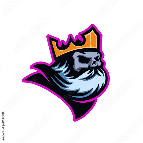 Fototapeta Naklejka Na Ścianę i Meble -  Dead King skull with crown on his head with beard. Modern style sports mascot logo