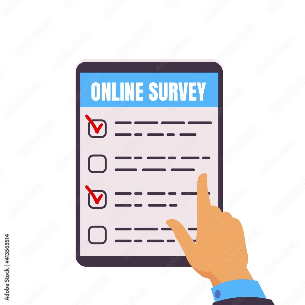 Online survey. Tablet computer with test form. Cartoon male hand selecting and ticking right answers on device screen. Questionnaire for customer feedback or web voting. Vector flat style illustration Online survey. Tablet computer with test form. Cartoon male hand selecting and ticking right answers on device screen. Questionnaire for customer feedback or web voting. Vector flat style illustration