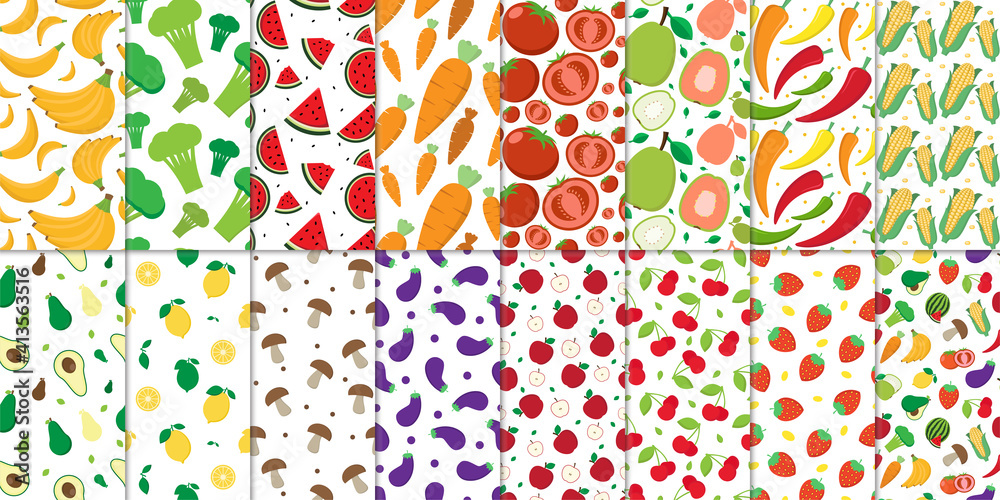 Collection of fresh fruit and vegetable seamless abstract pattern on white background vector design Collection of fresh fruit and vegetable seamless abstract pattern on white background vector design