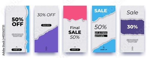 Social editable media banners. Story sale swipe up template. Vertical promotional poster packs for networks. Square discount flyers. Vector overlay of torn colored and blank sheets set with copy space